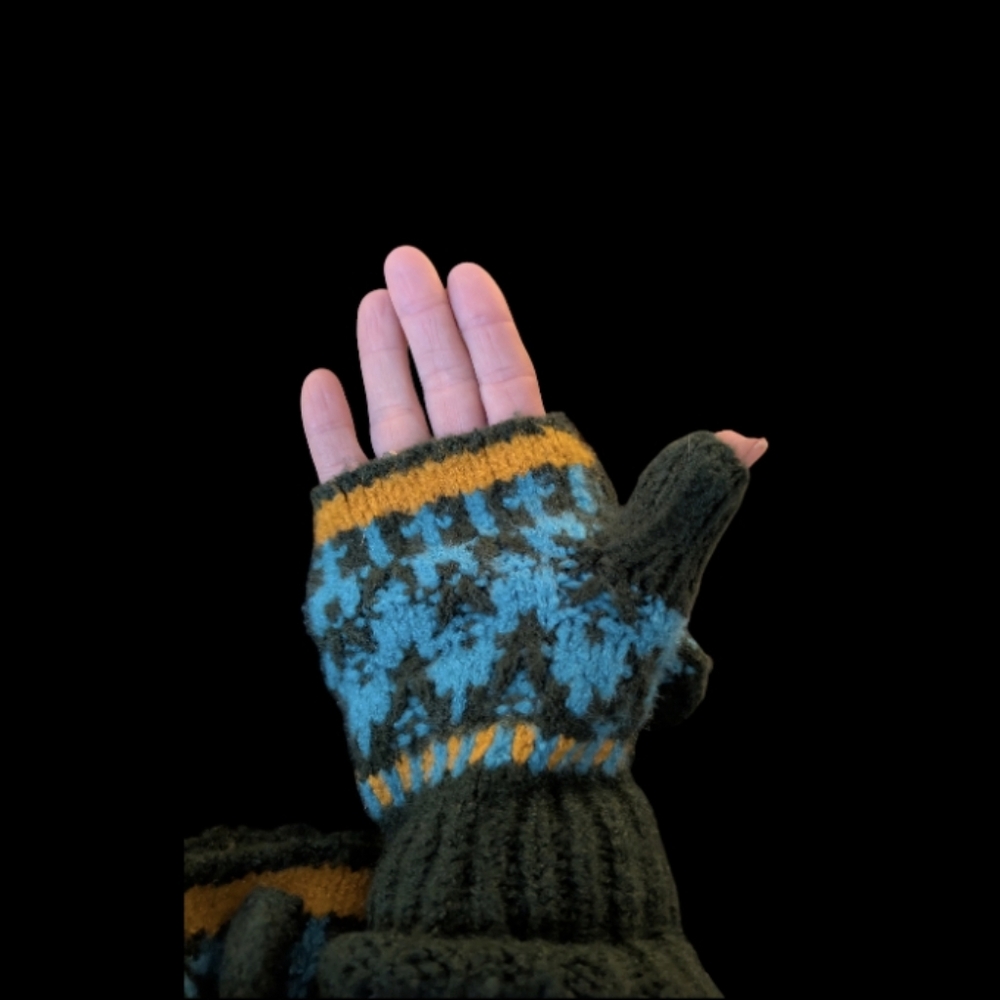 NEW Free People Knit Flip-Top Mittens – Forest Green & Teal Nordic Pattern
